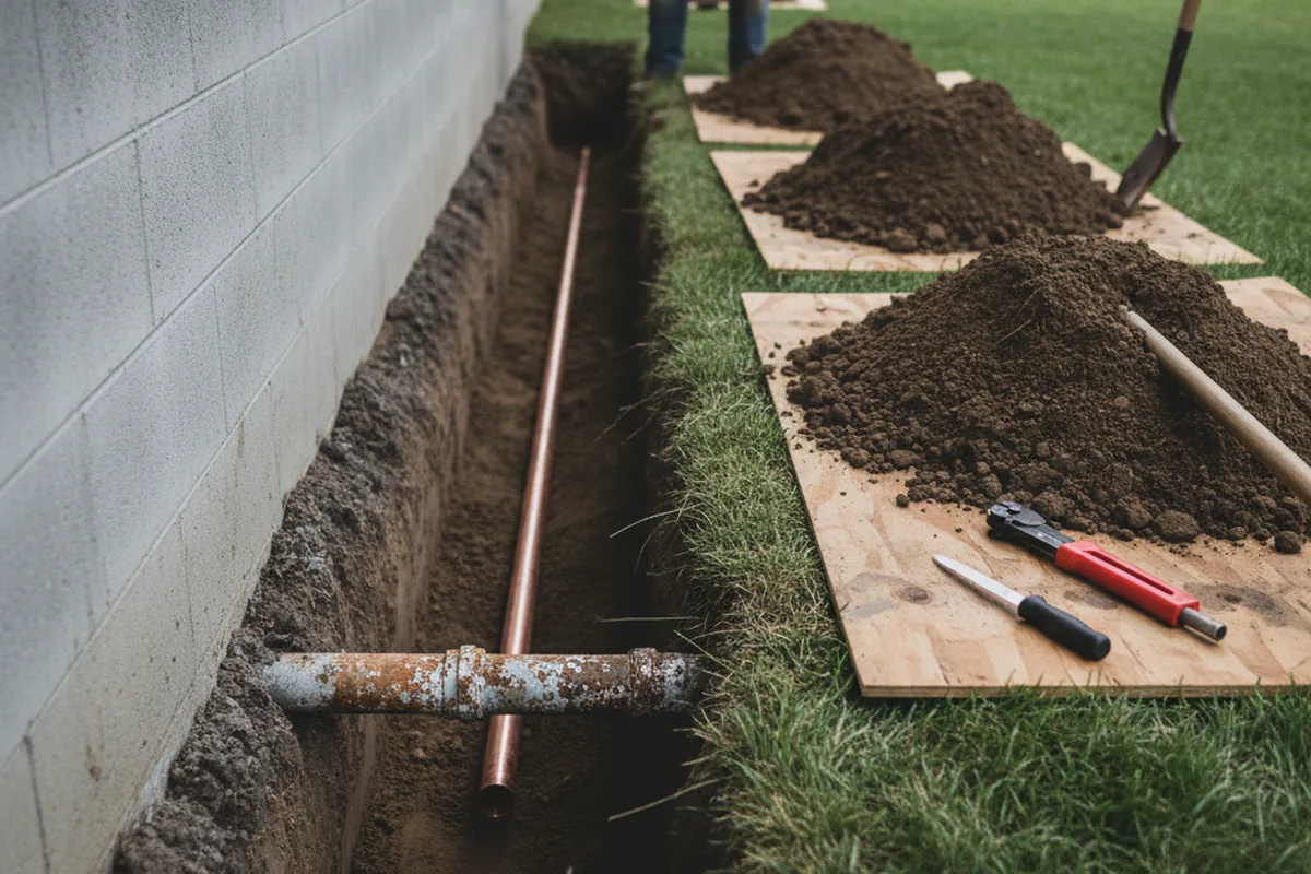 Excavated water line trench during Sewer Line Repair in Millwood